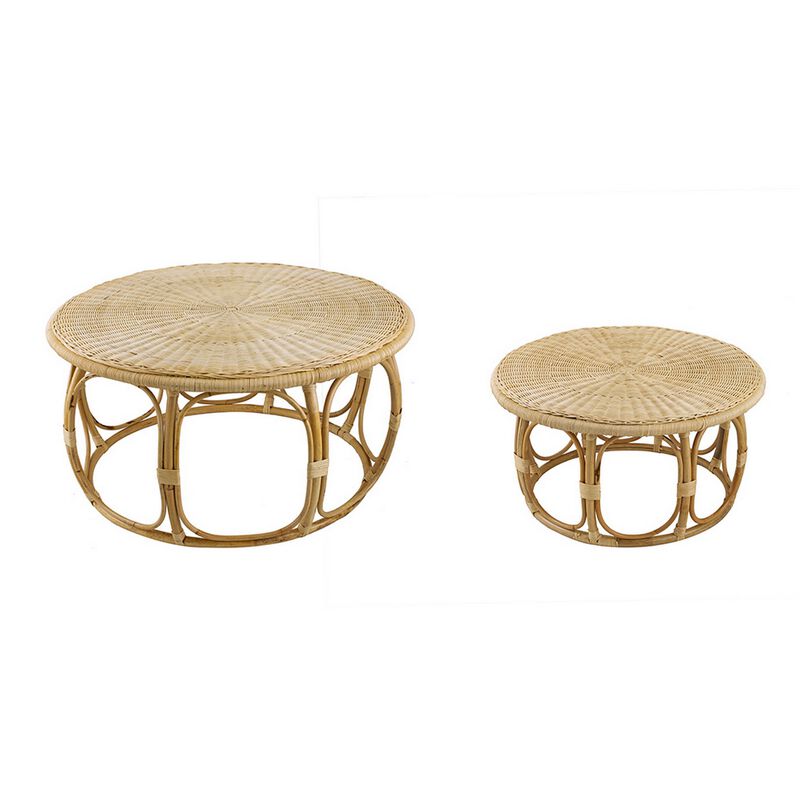 32, 40 Inch Coffee Table Set of 2, Round Tops, Handwoven Rattan, Brown