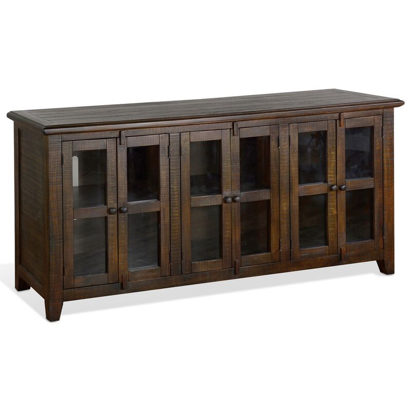 Yael TV Media Console, 6 Shelves, Glass Doors, 70 Inch Dark Brown Wood - Benzara