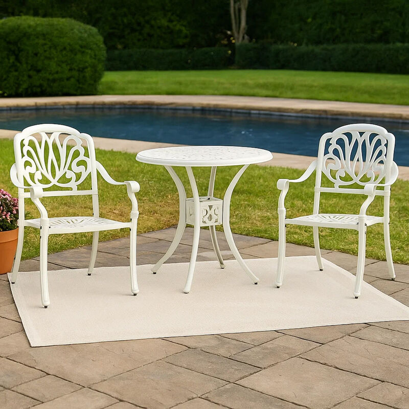 Kasa Outdoor 3pc Bistro Breakfast Set, 2 Chairs, 1 Table, White Metal - Benzara