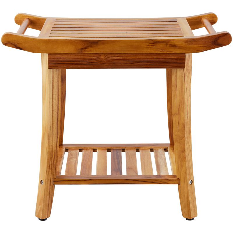 Waterproof Teak Shower Stool with Storage Shelf, Handle and Non Slip Feet-Natural image number 3