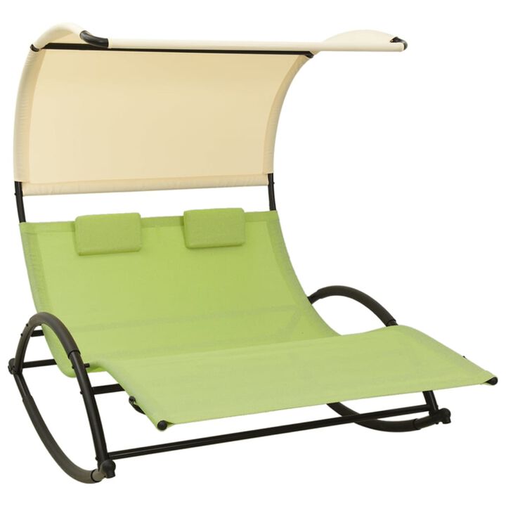 vidaXL Rocking Double Sun Lounger with UV-Protective Canopy and Breathable Textilene Fabric in Green and Cream