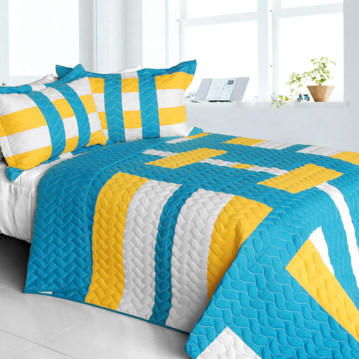 Vermicelli Quilted Geometric Patchwork Quilt Set Queen Size Modern Bedding Set
