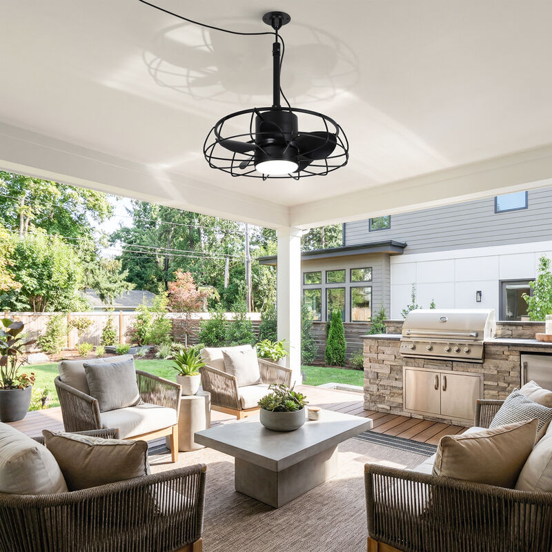 21" Modern Black Dimmable Reversible Wet Outdoor Caged Hook Ceiling Fan with Light and Plug in image number 2