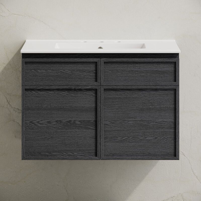 30" Wall-Mounted Bathroom Vanity in Black Oak with 3-Hole Widespread Sink Top image number 4