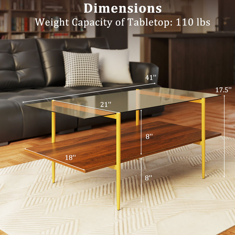 2-Level Glass Coffee Table with Durable Glass Top and Open Display Shelf