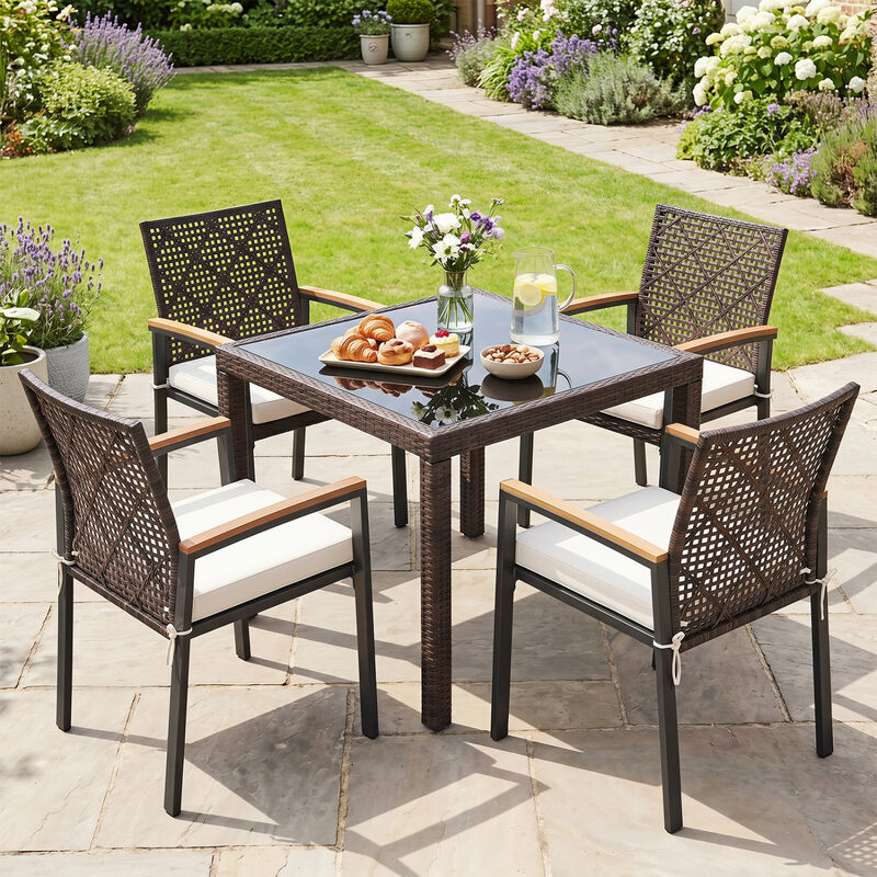Hand Woven Patio Chairs Set of 4 with Acacia Wood Armrests Outdoor image number 4
