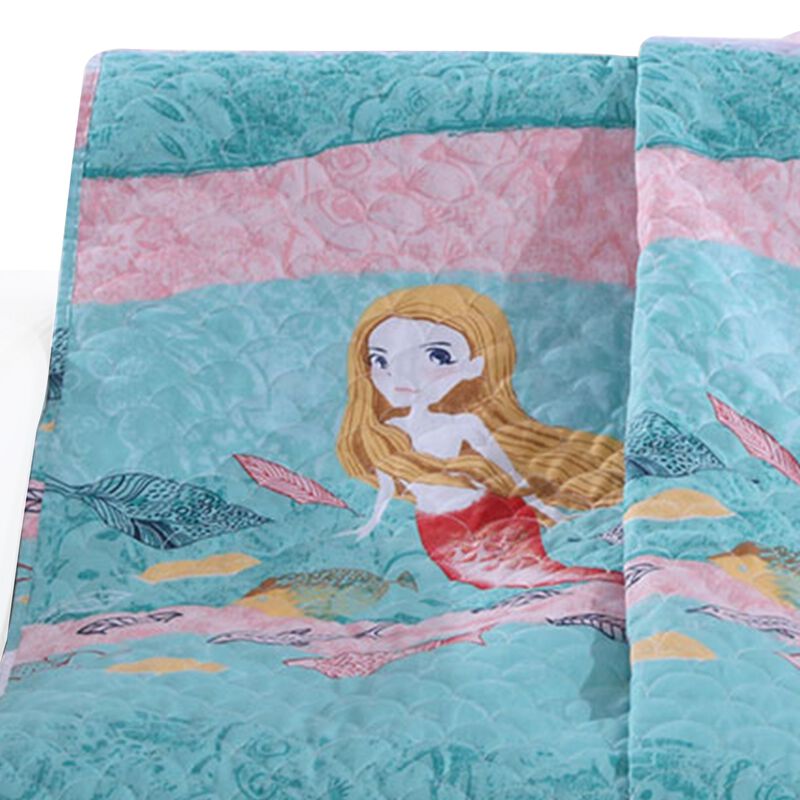 Wini 50 x 60 Inch Quilted Throw Blanket with Fill, Mermaid, Blue, Pink - Benzara