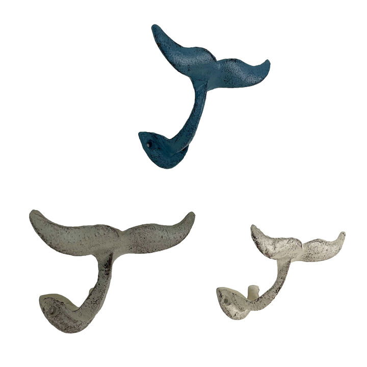 Set of 3 Cast Iron Nautical Whale Tail Wall Hooks - Stylish and Functional Towel, Hat, and Key Hangers - Rustic 5-Inch Decorative Hooks for Coastal-Themed Home