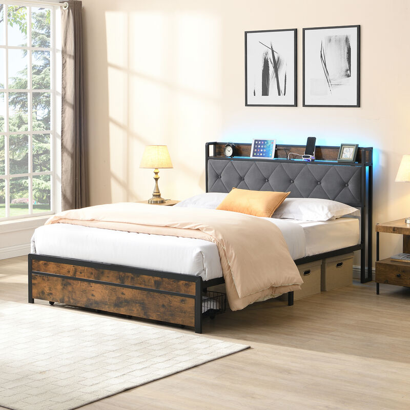 Merax  Metal Bed Frame with LED Lights, Storage & Charging Station image number 2