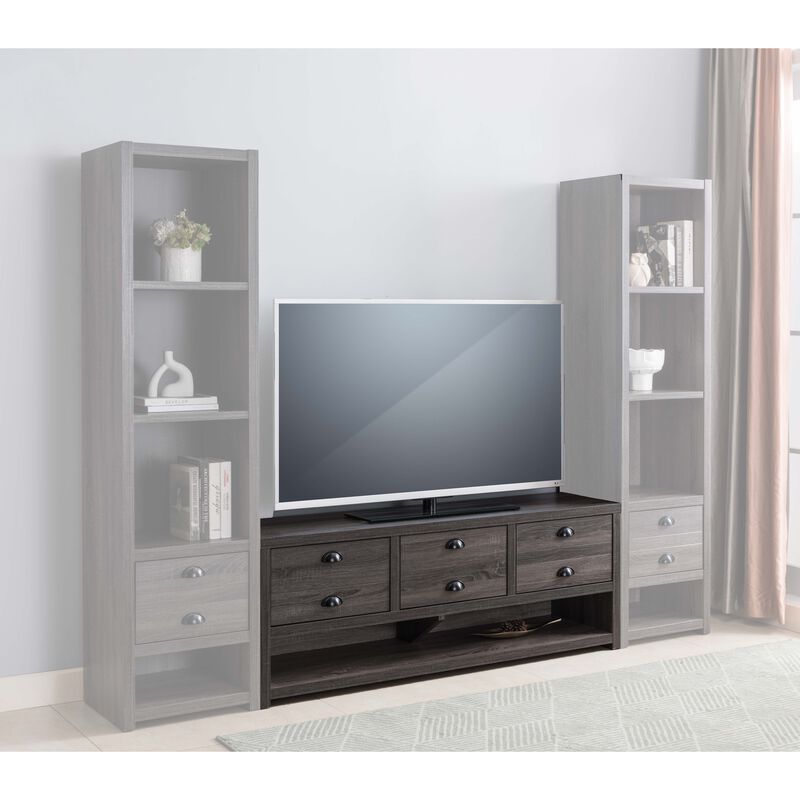 Distressed Grey TV Stand with 3 Drawers and Open Bottom Shelf