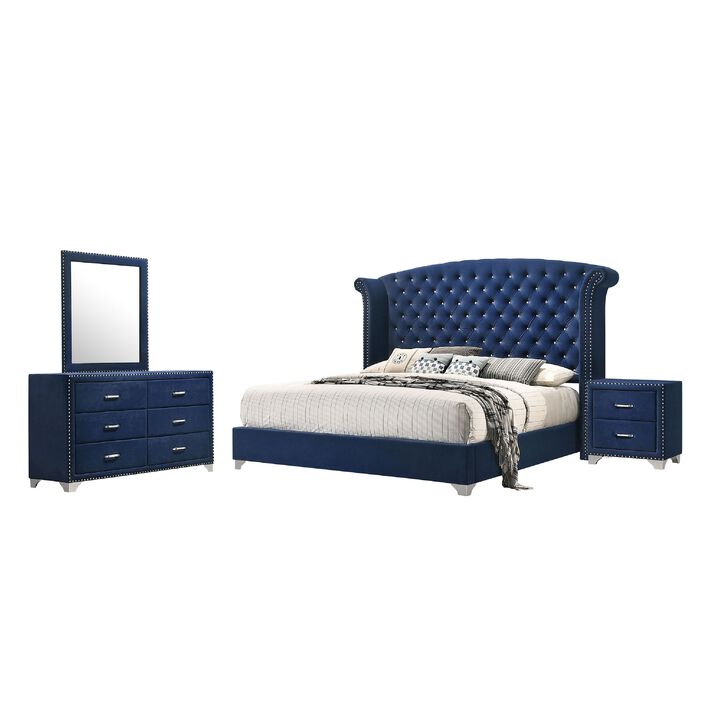 Giya 4pc Queen Bedroom Set, Classic Tufted Dark Blue Velvet Upholstery