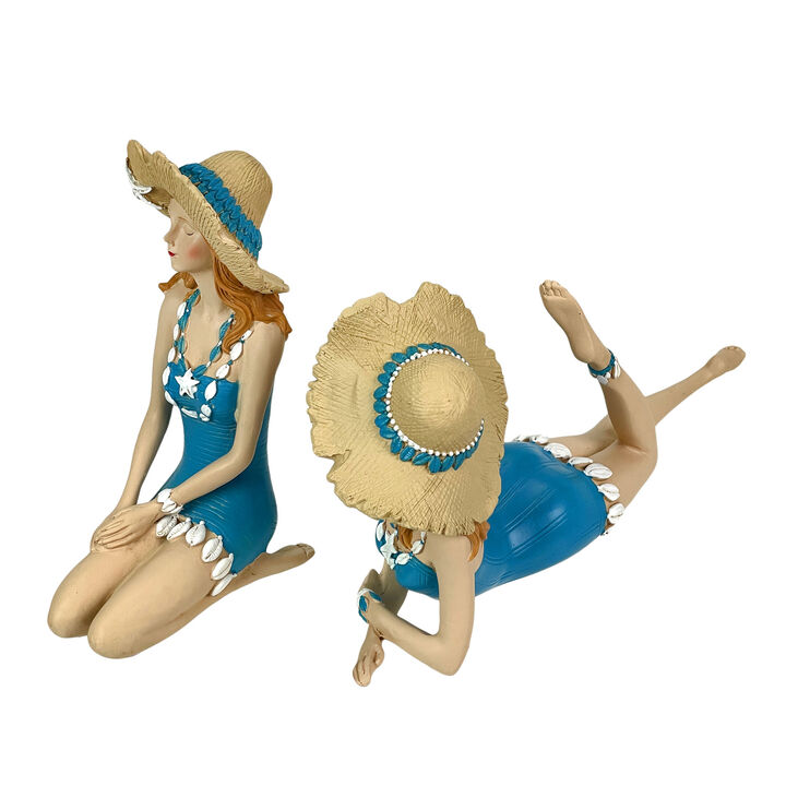 Set of 2 Beach Beauties Figurines Aegean Blue Sunbathing Coastal Decor