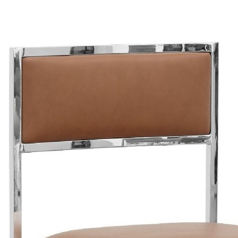 Eun 20 Inch Vegan Faux Leather Dining Chair, Chrome Base, Set of 2, Brown-Benzara image number 3