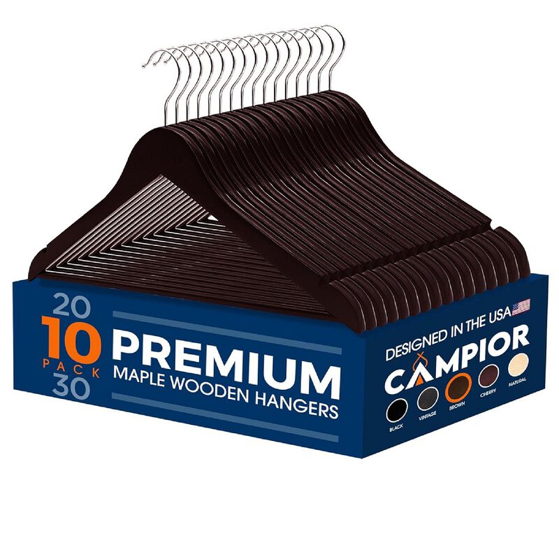 Wooden Clothes Hangers &ndash; Durable Space Saving Hanger, Non-Slip, Versatile for Organizing Dress, Coat, and Clothes, Can Hold Up To 10 lbs, With 360 Degree Swivel Hook, Cherry Color, Pack of 10