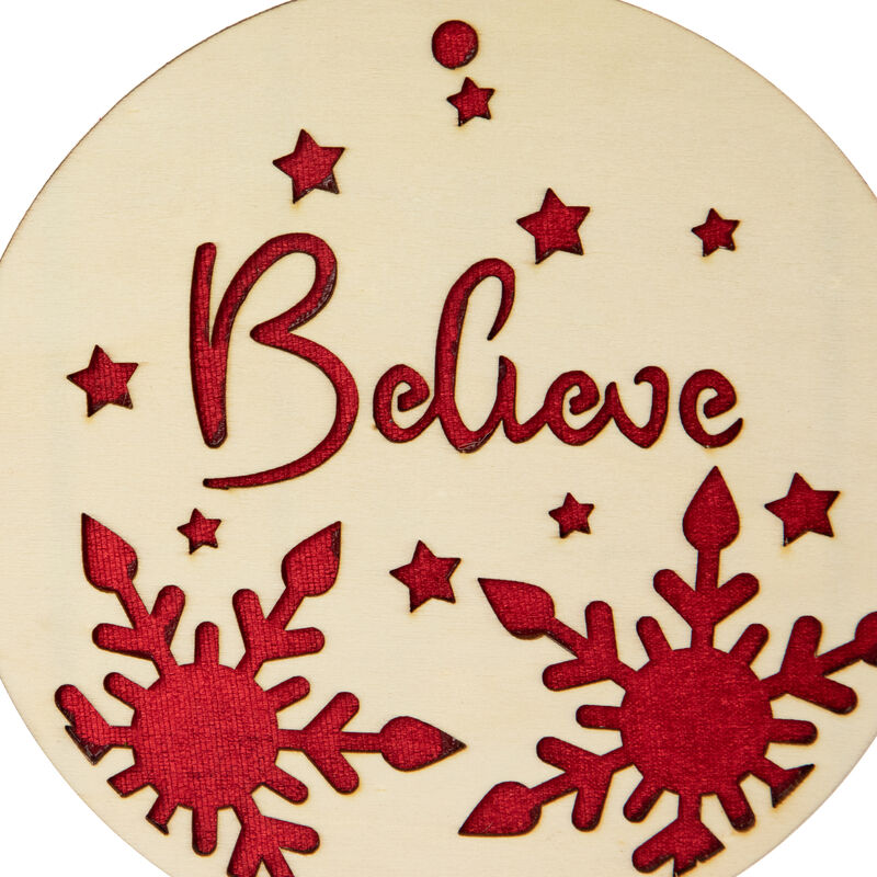 7" Round "Believe" Christmas Ornament Disc with Snowflake and Star Cutouts image number 3