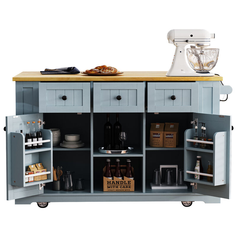 Large Rolling Kitchen Island with Drop Leaf, Power Outlet & Storage Racks