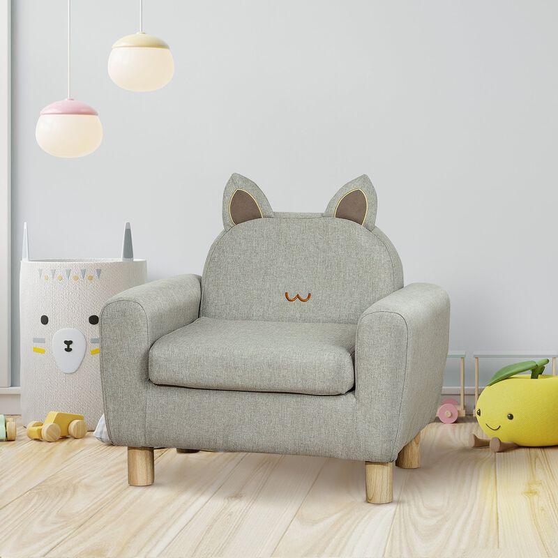 Grey Toddler Seat: Cat Ear Backrest Armchair with Wooden Legs