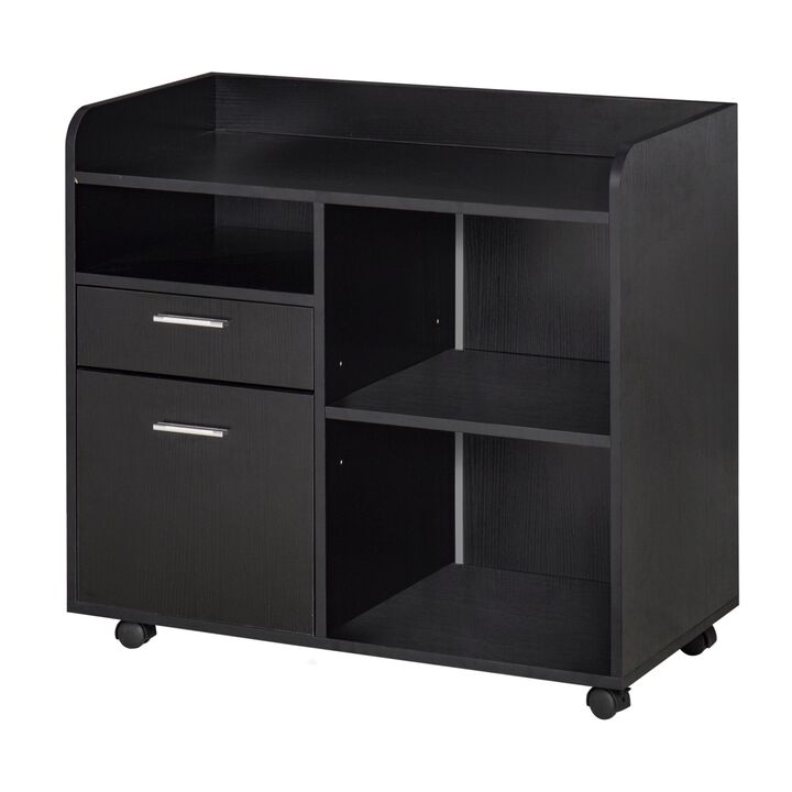 Black Mobile Filing Cabinet & Printer Stand features two drawers and three open storage shelves for home office organization.