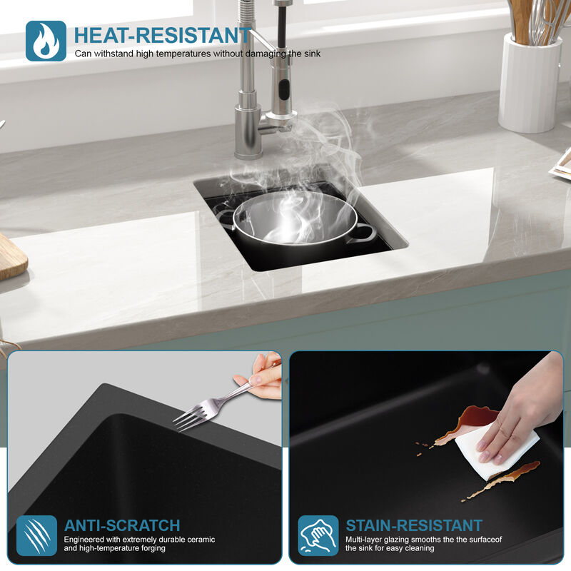 12 in. Black Quartz Composite Undermount Kitchen Sink Single Bowl Prep Bar Basin Round Corner with Bottom Grid image number 7