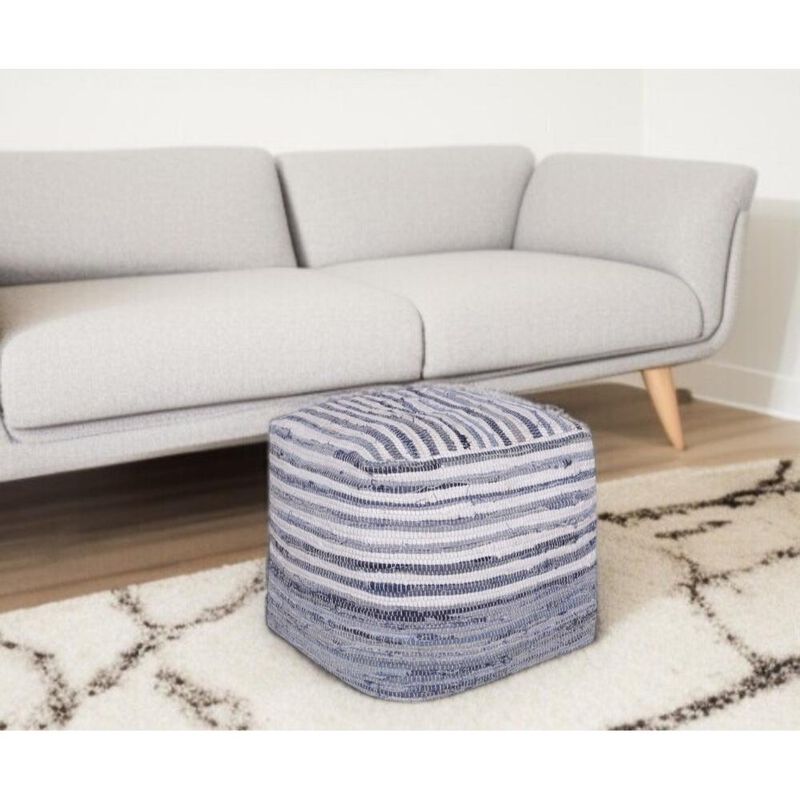 Hivvago 18 Inch Blue Cotton Cube Striped Pouf Ottoman