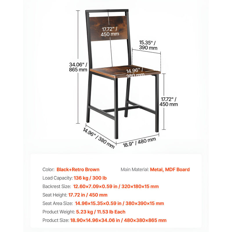 Wood Dining Chairs Set of 2 with Metal Frame and Backrest image number 2