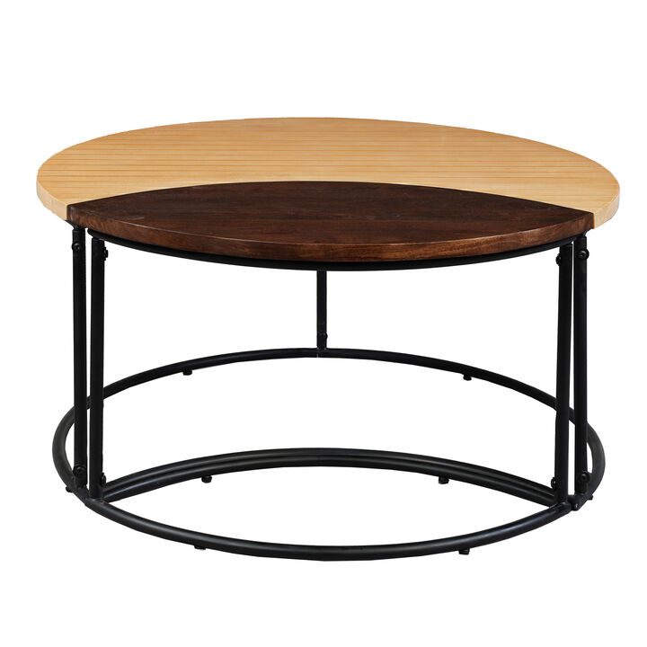 35 Inch 2 Piece Coffee Table with Black Iron Frame, 2 Tone Mango Wood Top In Natural Brown and Walnut - Benzara