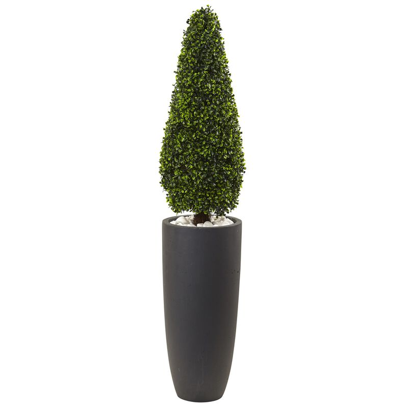Hivvago 50 Inches Boxwood Topiary with Gray Cylindrical Planter UV Resistant (Indoor/Outdoor)