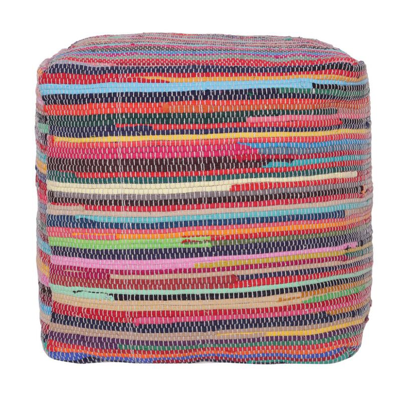 Hivvago 18 Inch Red And Black Cotton Cube Striped Pouf Ottoman