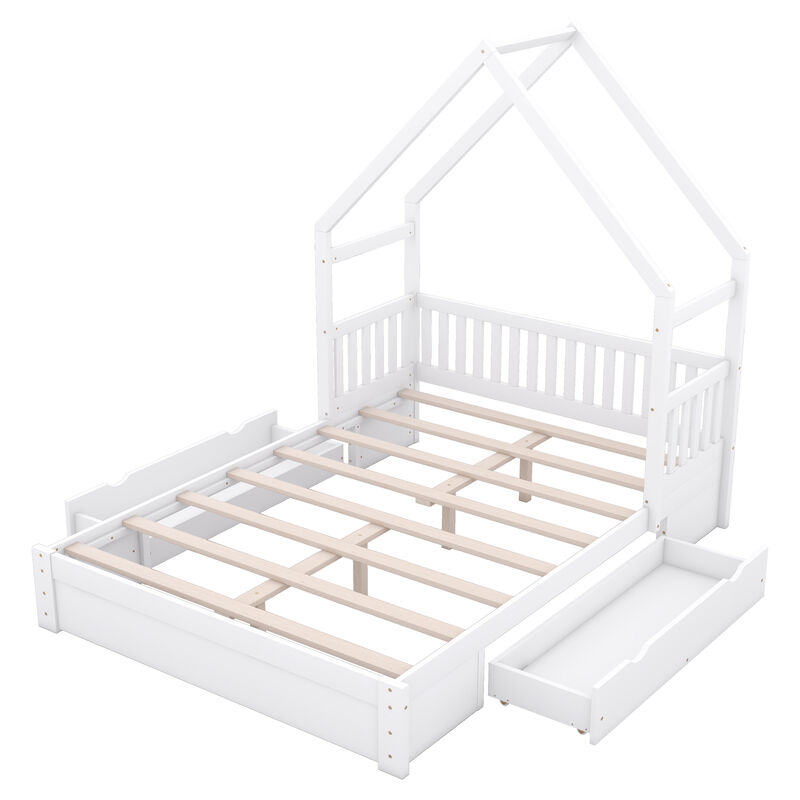 Whisen Queen Size Wood House Platform Bed with Guardrail and 2 Drawers - White