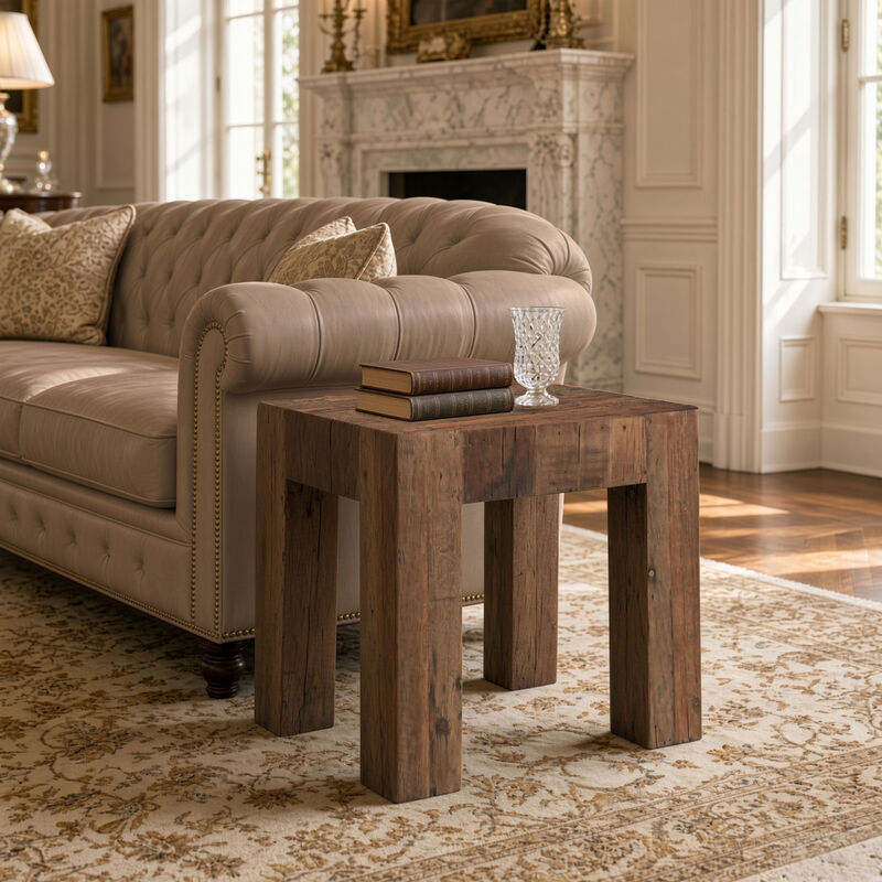 Kiosk Side End Table, Reclaimed Wood, Rustic Brown Finish, Chunky Block Legs, 20 Inch image number 7