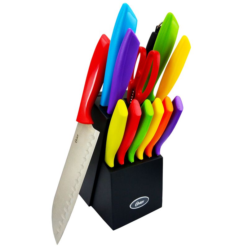 Oster 14 Piece Stainless Steel Assorted Color Cutlery Knife Set with Wood Storage Block