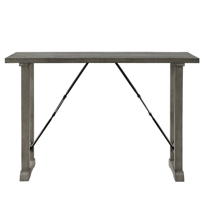 Anab Counter Height Table, Rectangular Gray Wood and Turnbuckle Base