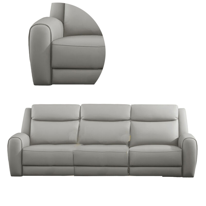 Cobe Sofa, Manual Recliner, 87 Inch, Solid Wood, Top Grain Gray Leather - Benzara