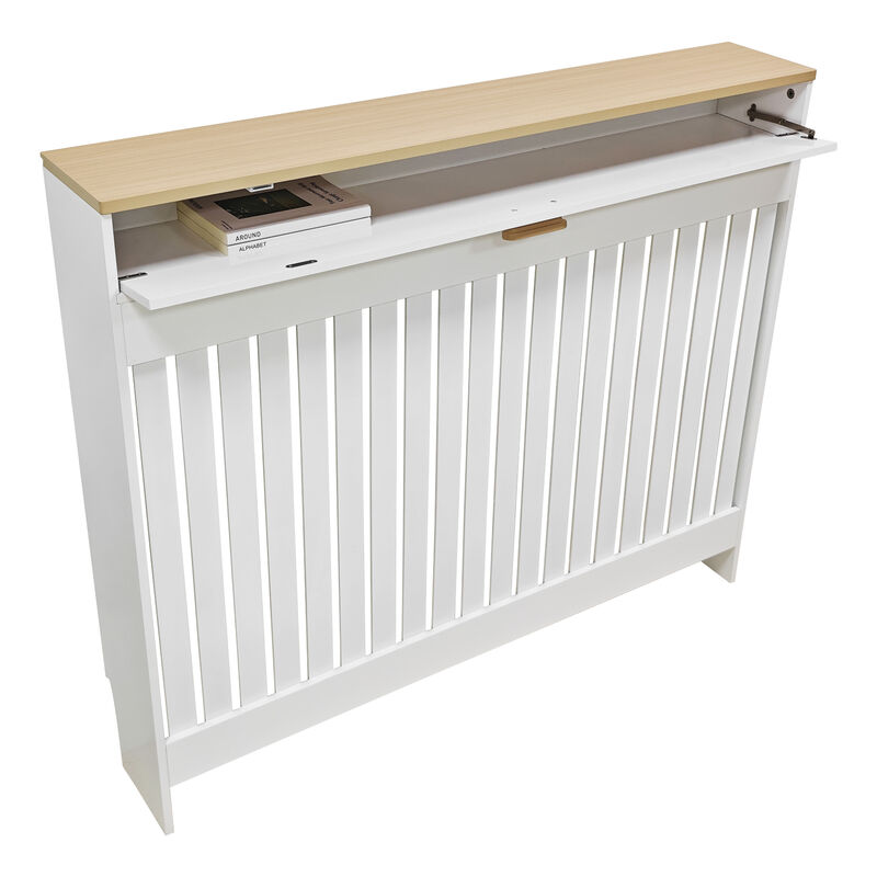 Radiator Cover with Drawer Shelf White Oak Finish Vertical MDF Slat Cabinet image number 3