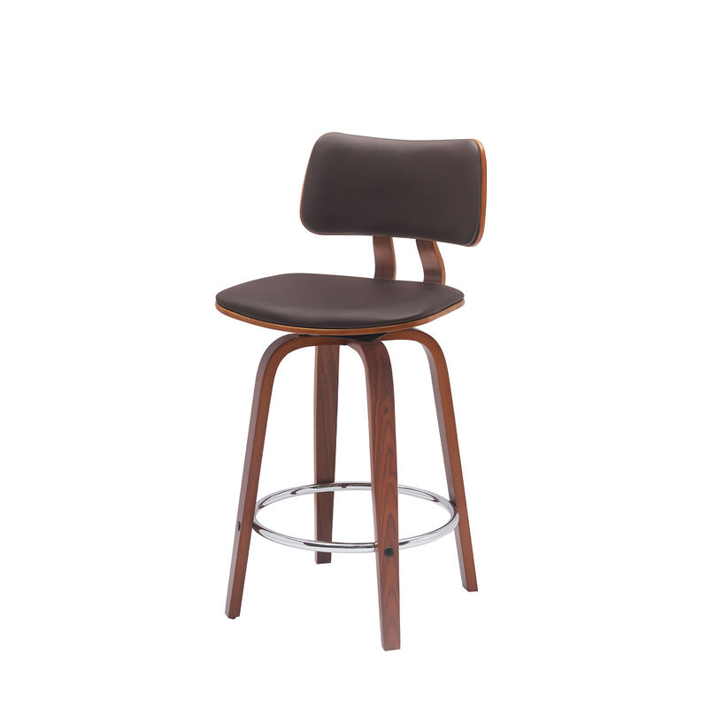 HomeRoots 26" Brown And Wood Brown Faux Leather Swivel Low Back Counter Height Bar Chair image number 4