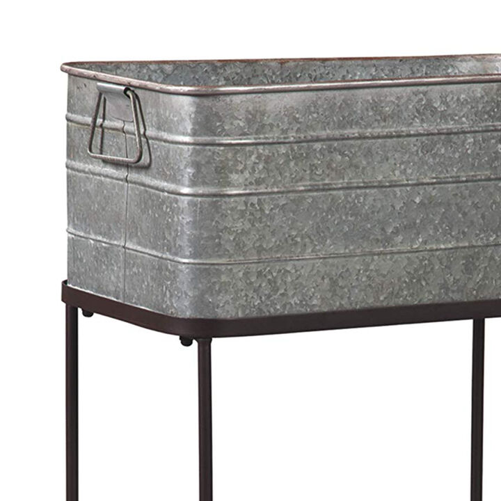 Rectangular Metal Beverage Tub with Stand and Open Grid Shelf, Gray and Black-Benzara