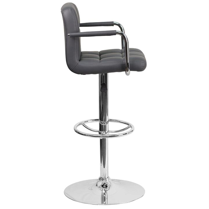 Flash Furniture Contemporary Gray Quilted Vinyl Adjustable Height Barstool with Arms and Chrome Base