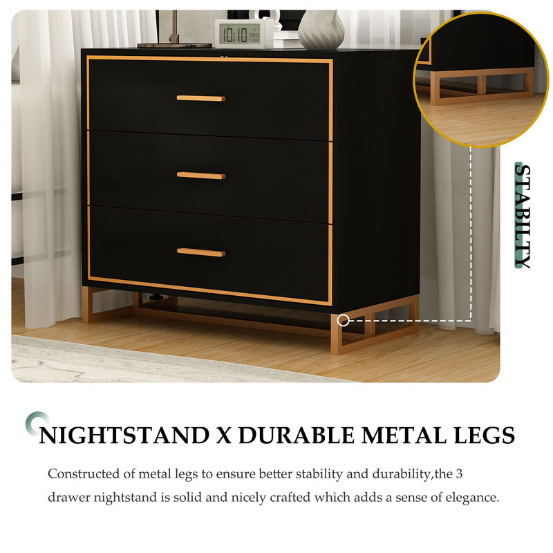 FUFU&GAGA Modern Black 3-Drawer Dresser with Gold Trim, Metal Handles & Base &ndash; Stylish Storage Cabinet for Bedroom(31.5"W x 15.7"D x 28.7"H),Black