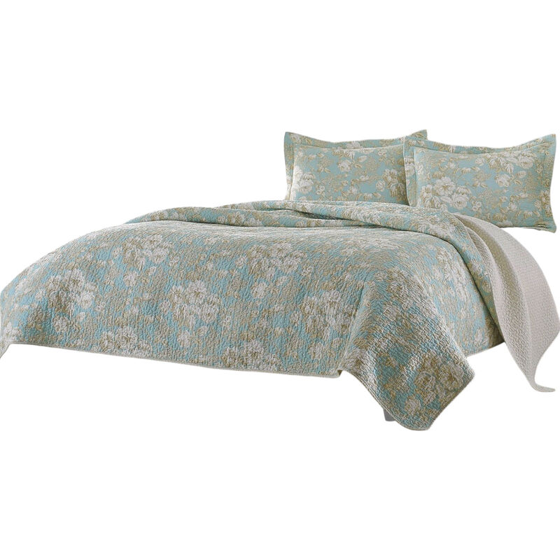 Soft 3-Piece Reversible Cotton Quilt Set with Seafoam Floral Print, Lightweight Bedding For Bedroom