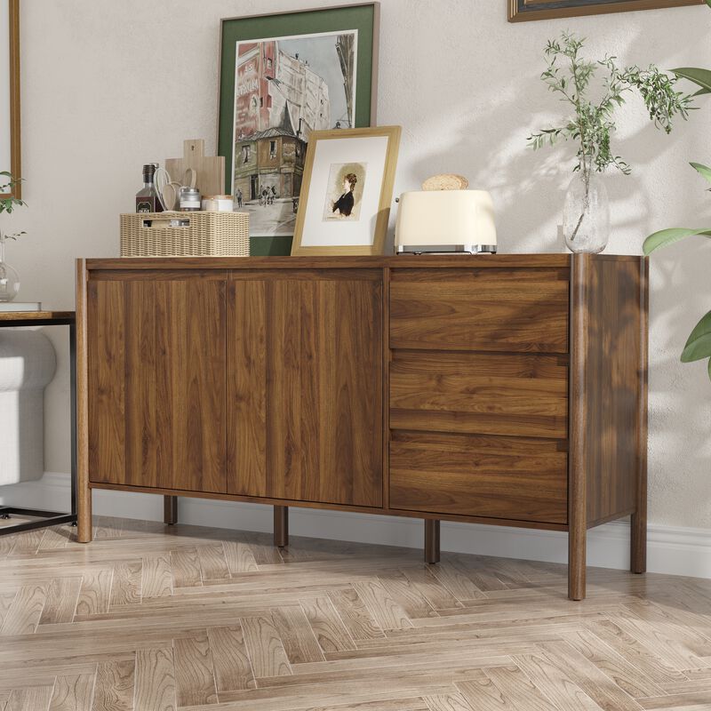 FUFU&GAGA Round Leg 2-Door 3-Drawer Cabinet with Painted Rubberwood Legs, 15mm Particleboard Construction, and Faux Thick Panel, (59"W x 16.5"D x 30.9"H) , Brown image number 4