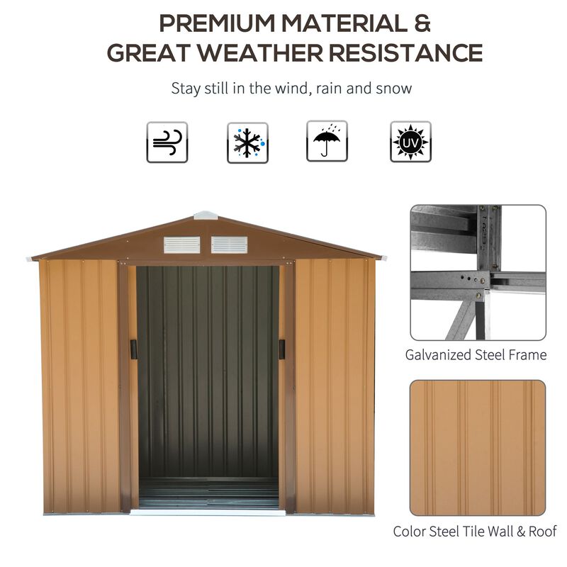 7' x 4' x 6' Metal Outdoor Shed Organizer & Garden Storage with 4 Vents for Airflow & 2 Easy Sliding Doors, Brown