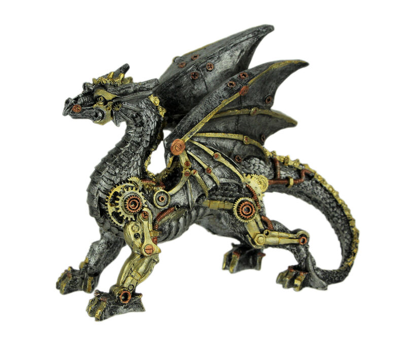 Metallic Silver and Gold Gothic Steampunk Dragon Statue image number 0