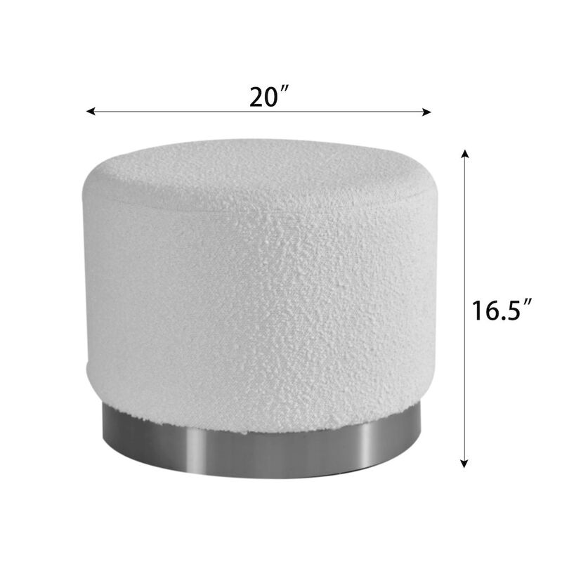 Glamour Home White Boucle Fabric Round Footstool Ottoman Golden Accent Base Large Size