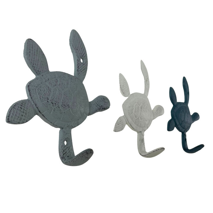 Set of 3 Decorative Cast Iron Sea Turtle Wall Hook Set &ndash; Coastal Blue, Gray, White Finishes &ndash; Ideal for Keys, Towels, Light Coats, Indoor or Outdoor