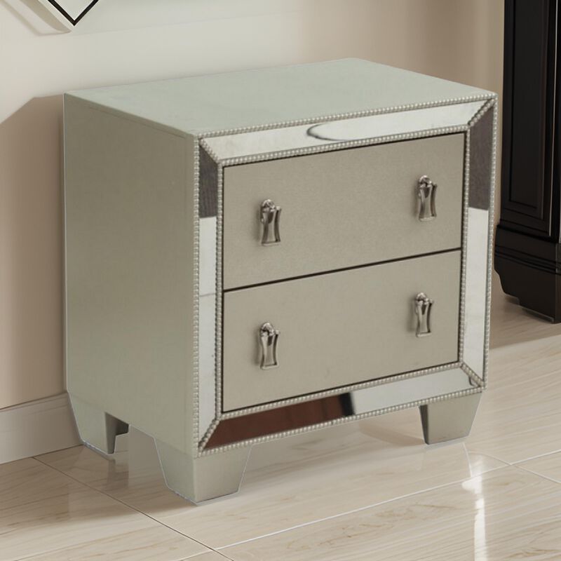 Dem 26 Inch Nightstand with 2 Drawers, Platinum Trim, Silver Wood Finish - Benzara