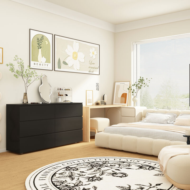 59" L Modern Wood Storage Dresser Chest with 6 Drawers, Double Chest, Anti-Skid Legs & Wide Storage Space for Bedroom, Living Room, Black