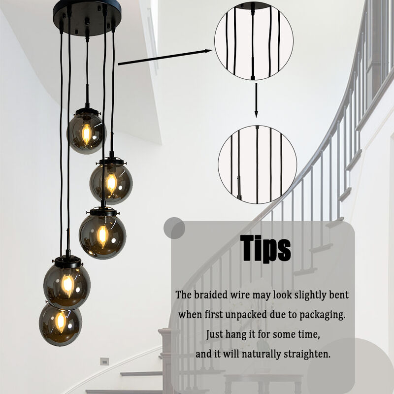 5-Light Matte Black Staircase Modern Chandelier Corner Pendant With Smoke Globe Bubble Glass Accents image number 6