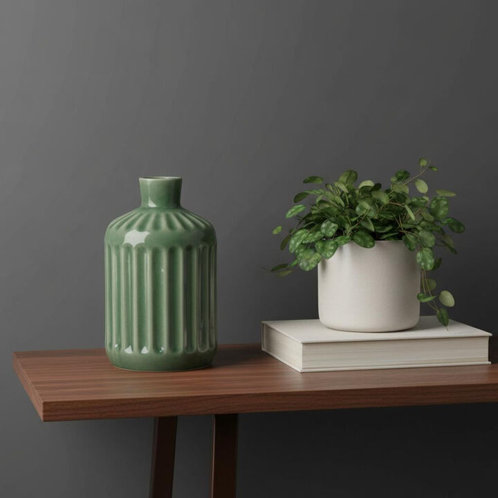 HomeRoots 7" Green Terracotta Striped Bud Table Vase