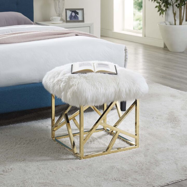 Modway Intersperse Sheepskin Ottoman With Geometric Frame in Gold White
