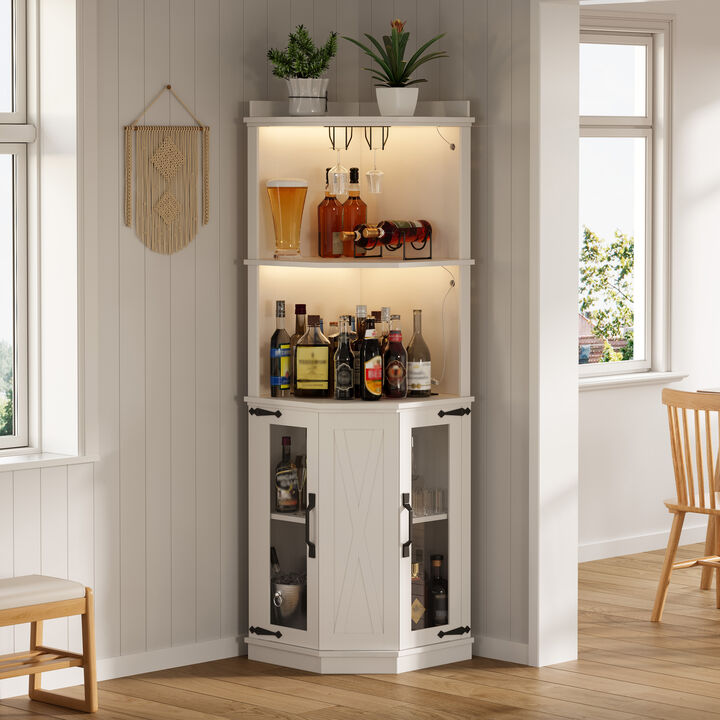 Merax Corner Bar Cabinet with Power Outlet - Farmhouse Style Multifunctional Storage